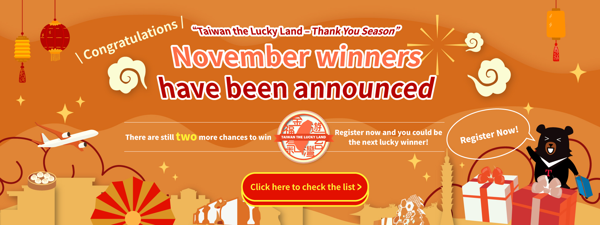 Photo：Taiwan the Lucky Land-Thank You Season November Winners